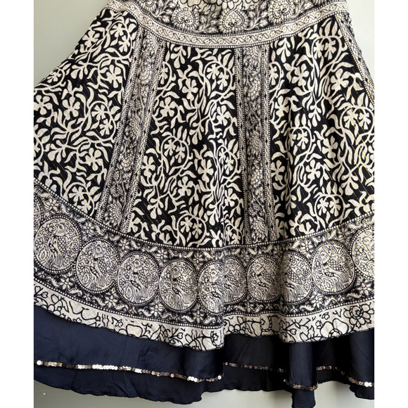 Soft Surroundings Boho Maxi Skirt Black Beige Gold Sequins Bird Medallion PM - Picture 7 of 12